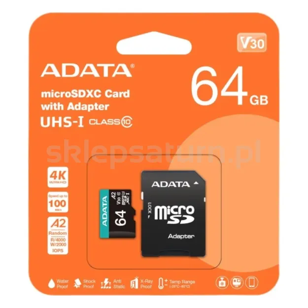Karta pamięci + adapter, microSDXC 64 GB, ADATA Premier Pro, UHS-I U3
